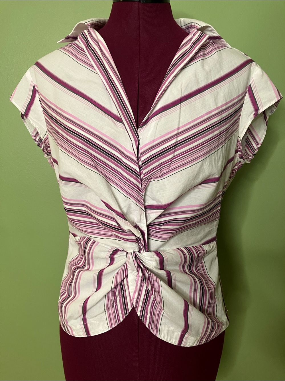 Kenneth Cole New York White, Pink and Plum Striped Twist-Front Cap Sleeve Top